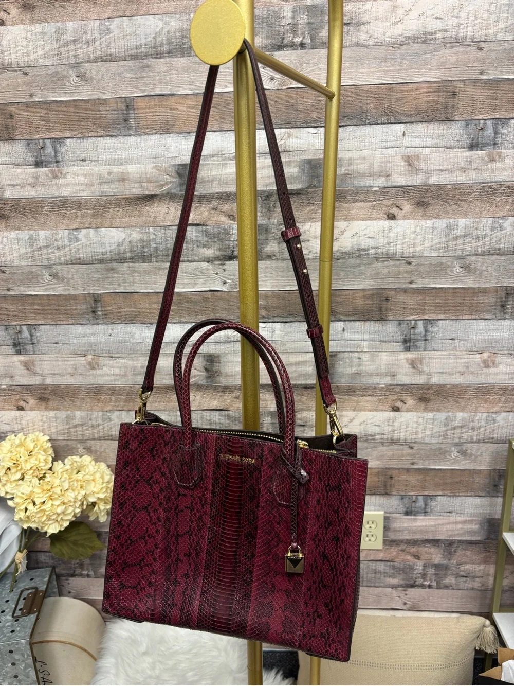 Michael Kors Burgundy Snake Skin Mercer Tote